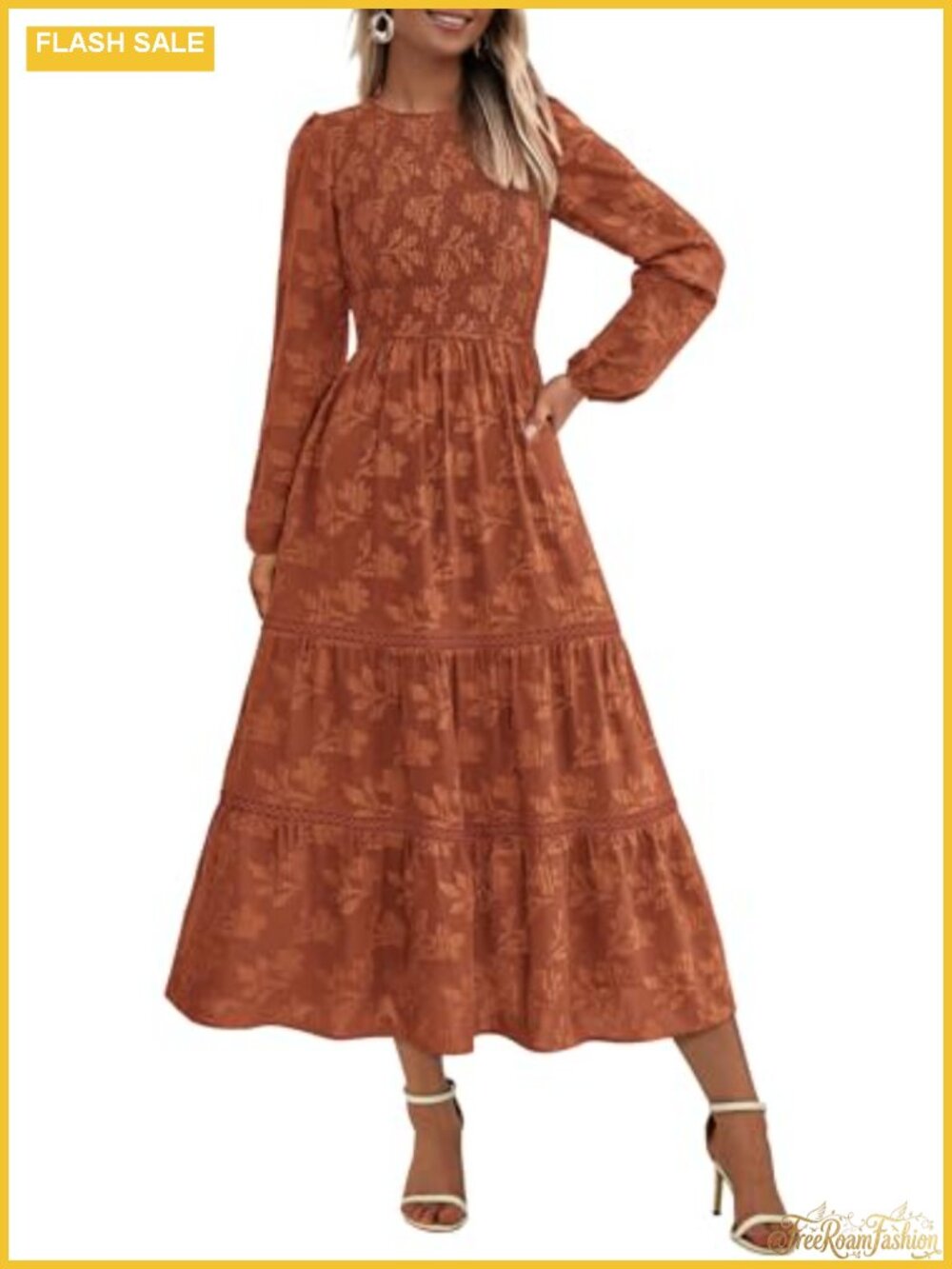 Women's Long Sleeve Boho Floral Midi Dress - Smocked Fit and Flare
